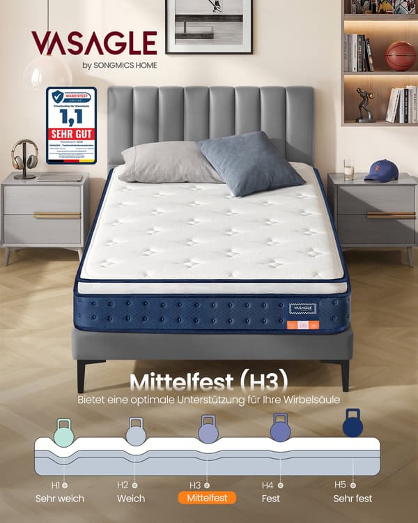 90 x 200 x 20 cm Medium Fast Gel memory foam, Pocket Spring Madras