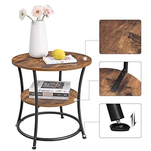 Vasagle sidobord rund, slutbord med 2 hyllor, vardagsrum, sovrum, rustik brun