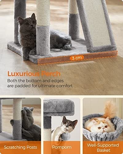 Feandrea Multilevel Cat Tree, 110 cm katttorn, kattlägenhet, ljusgrå