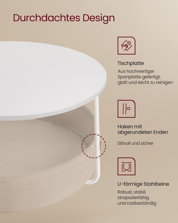 Sofabord med Opbevaring, Rundt Midterbord, Mathvid og Kamelbrun