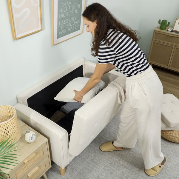 HOMCOM 2-sits soffa, klädd soffa med förvaring, träben, krämfärgad