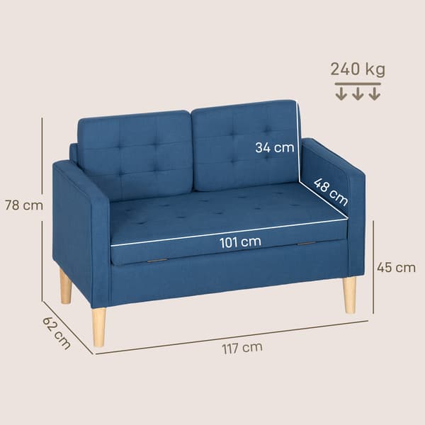 HOMCOM 2-sits soffa, klädd soffa med förvaring, träben, blå