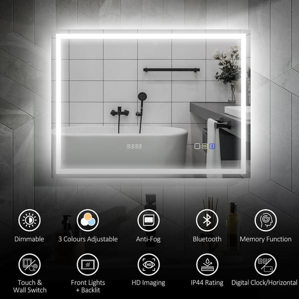 HOMCOM LED-badrumsspegel, imskydd, 3 ljusfärger, klocka