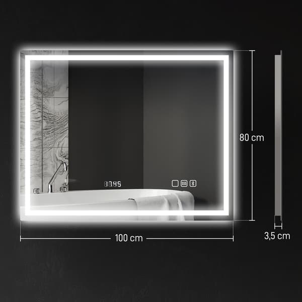 HOMCOM LED-badrumsspegel, imskydd, 3 ljusfärger, klocka