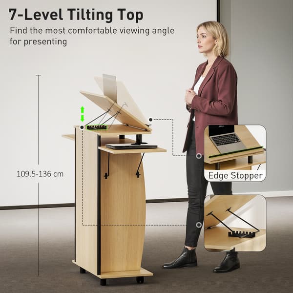 HOMCOM Rullbar talarstol, talarstol med fällbara sidovingar, ek