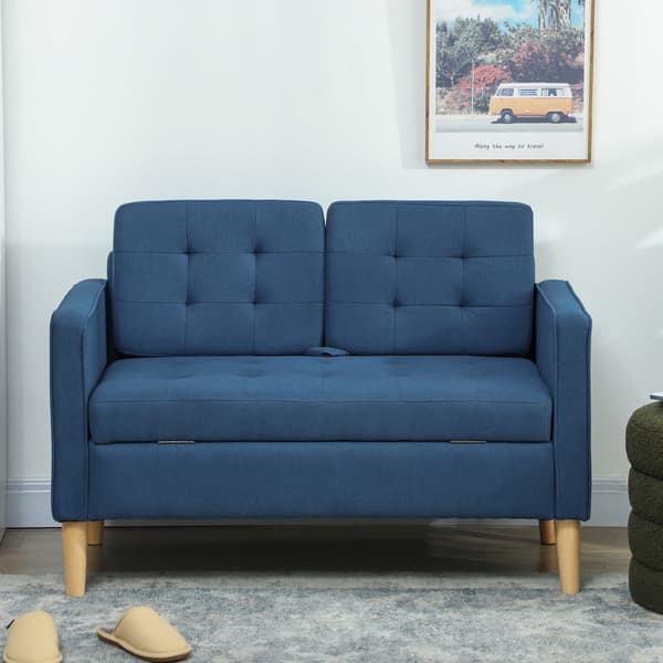 HOMCOM 2-sits soffa, klädd soffa med förvaring, träben, blå