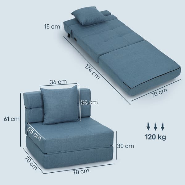 Bäddfåtölj fällbar, Bäddsoffa, 2-i-1 fällbar fåtölj med sängfunktion, Kudde