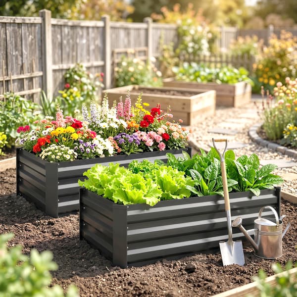 Outsunny Högbädd 2-pack, planteringslåda, rostfri blomlåda för terrass Grå