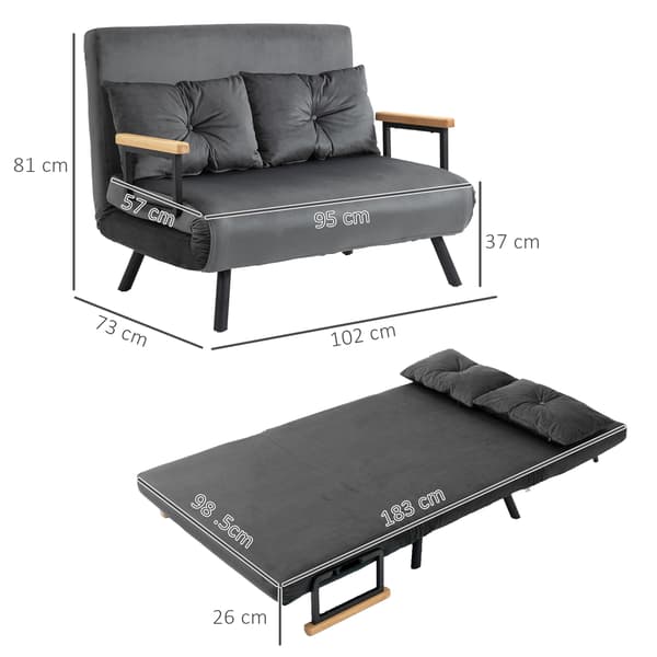 HOMCOM Bäddsoffa, tvåsitsig med bäddfunktion, bäddsoffa med sammetslook grå