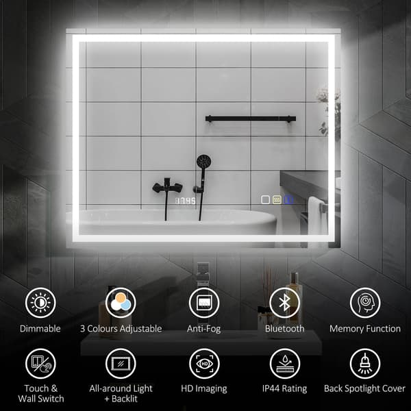 HOMCOM LED-badrumsspegel, imskydd, 3 ljusfärger, klocka