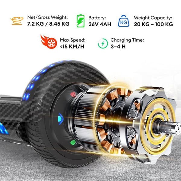 RCB Hoverboard 6,5 tum – Bluetooth och LED – perfekt present till barn – kolfiber svart