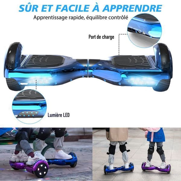 Hoverboard 6.5 Tommer med Bluetooth og LED - RCB - Perfekt Gave til Børn Blå Krom