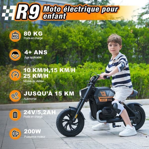 Elmotorcykel til børn - RCB - R9 - 200W - 25km/h - Ambientelys - Sort