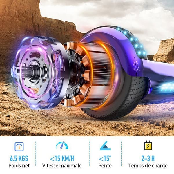 Hoverboard 6.5 Tommer med Bluetooth og LED - RCB - Perfekt Gave til Børn Lilla Krom