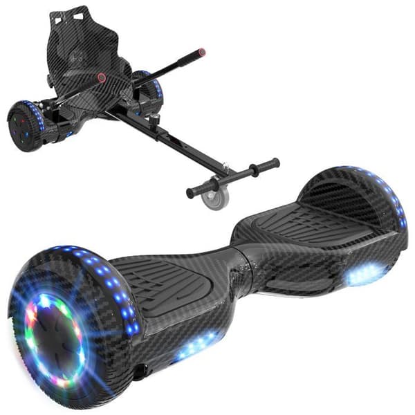 RCB Hoverboard + Kart 2-i-1 6,5 tommer Bluetooth og LED – Justerbart kart – sort/sort – ideel gave til børn