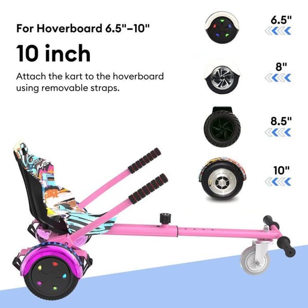 RCB Hoverboard + Kart 2-i-1 6,5 tommer Bluetooth og LED – Justerbart kart – sort/rosa – ideel gave til børn