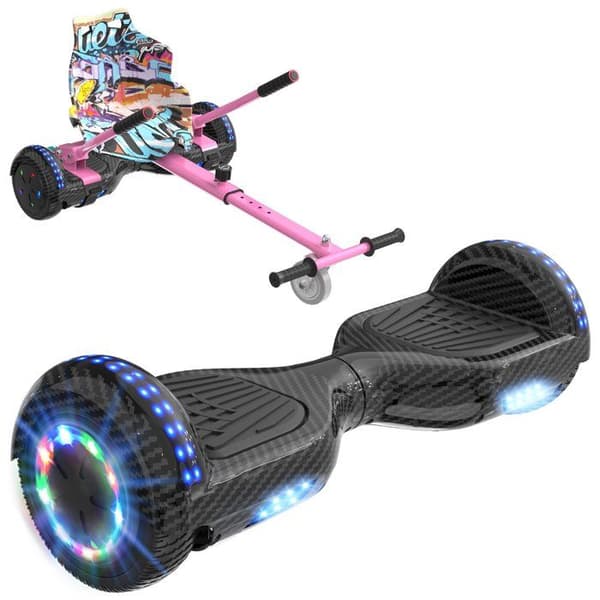 RCB Hoverboard + Kart 2-i-1 6,5 tommer Bluetooth og LED – Justerbart kart – sort/rosa – ideel gave til børn