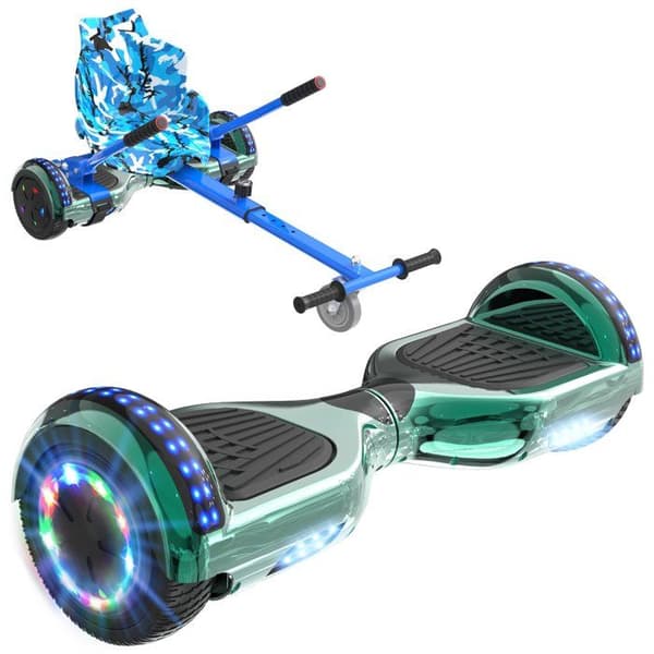 RCB Hoverboard + Kart 2-i-1 6,5 tommer Bluetooth og LED – Justerbart kart – grøn/blå – ideel gave til børn