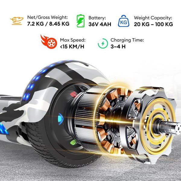 RCB Hoverboard + Kart 2-i-1 6,5 tommer Bluetooth og LED – Justerbart kart – camouflage/sort – ideel gave til børn