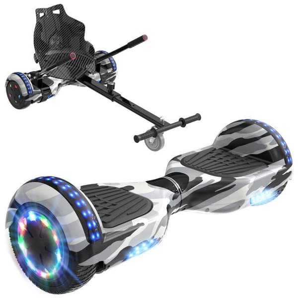 RCB Hoverboard + Kart 2-i-1 6,5 tommer Bluetooth og LED – Justerbart kart – camouflage/sort – ideel gave til børn
