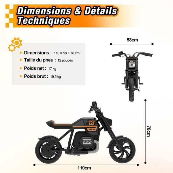 Elmotorcykel til børn - RCB - R9 - 200W - 25km/h - Ambientelys - Sort