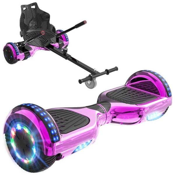 RCB Hoverboard + Kart 2-i-1 6,5 tommer Bluetooth og LED – Justerbart kart – rosa/sort – ideel gave til børn