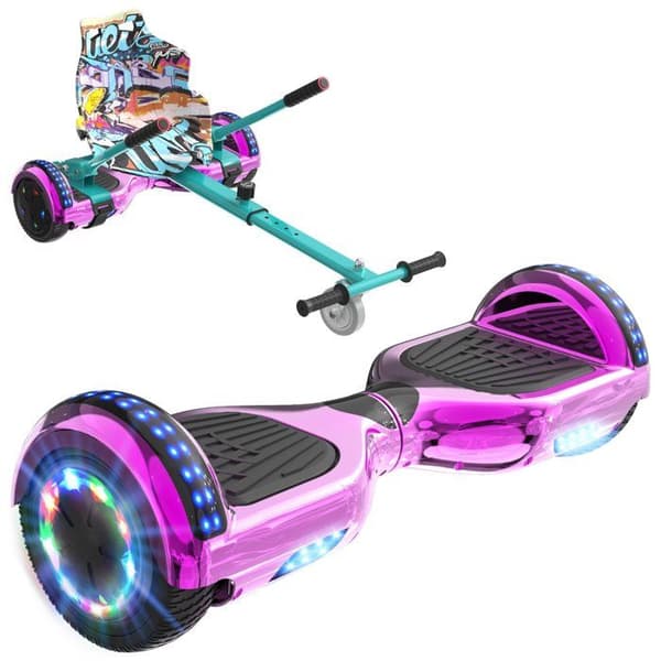 RCB Hoverboard + Kart 2-i-1 6,5 tommer Bluetooth og LED – Justerbart kart – rosa/grøn – ideel gave til børn