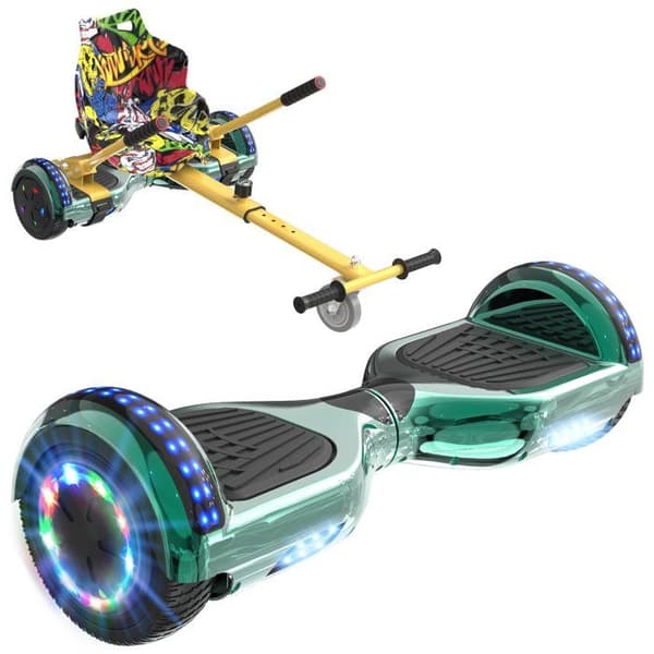 RCB Hoverboard + Kart 2-i-1 6,5 tommer Bluetooth og LED – Justerbart kart – grøn/gul – ideel gave til børn