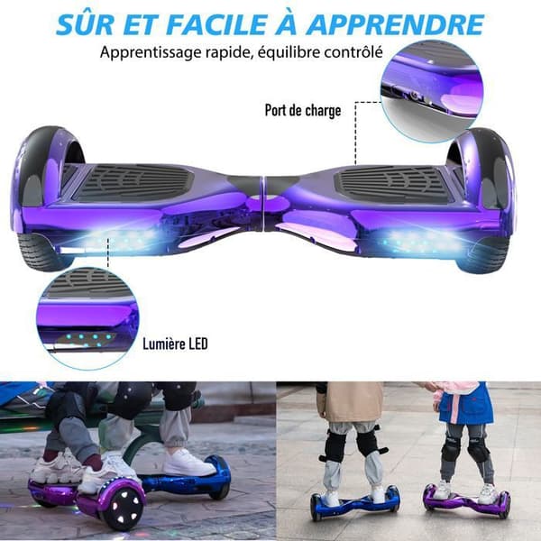 Hoverboard 6.5 Tommer med Bluetooth og LED - RCB - Perfekt Gave til Børn Lilla Krom