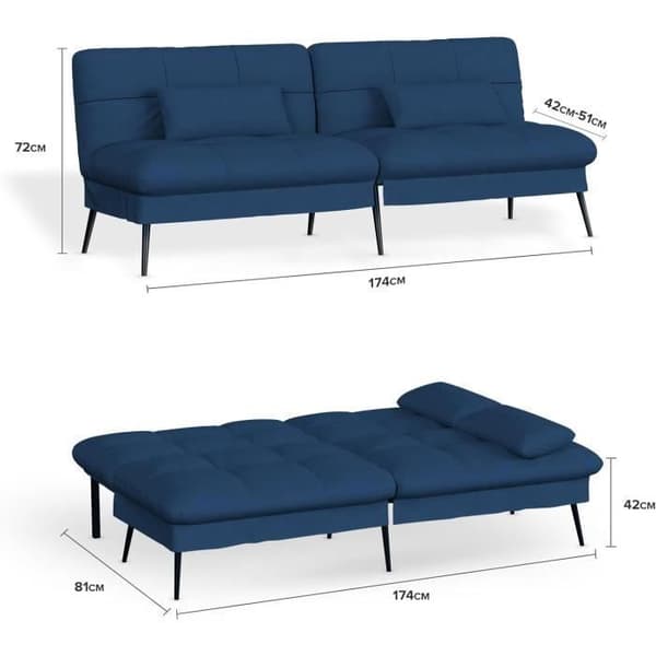 Konvertibel Plyschsoffa, 3-sitssoffa, Metallben 174 * 55 * 72cm, Blå