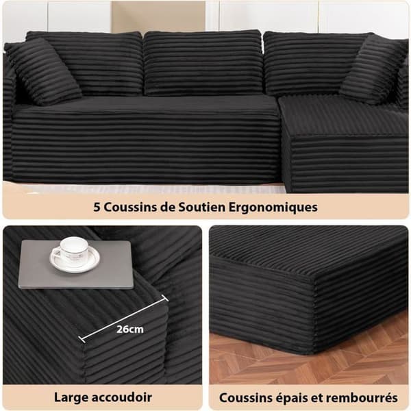 Vinkelsoffa L Reversibel 4 platser, Modulerbar sängsoffa, Ingen montering, i ribbad sammet, Svart