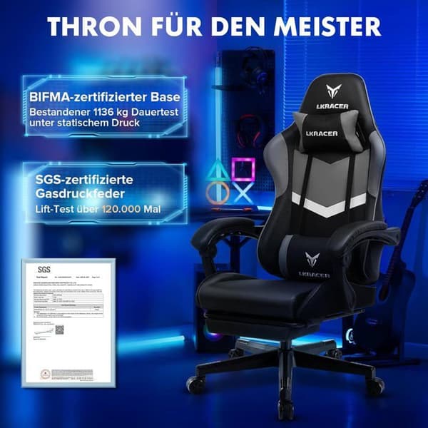 Gamingstol med teleskopfotstöd, Gamingfåtölj, Grå