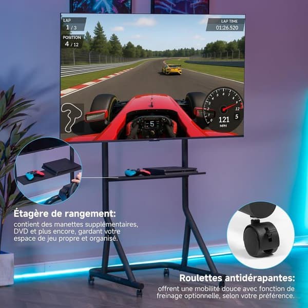 Skärmstöd - GTPLAYER - för simcockpit - 32–65" - Justerbar höjd - Hjul