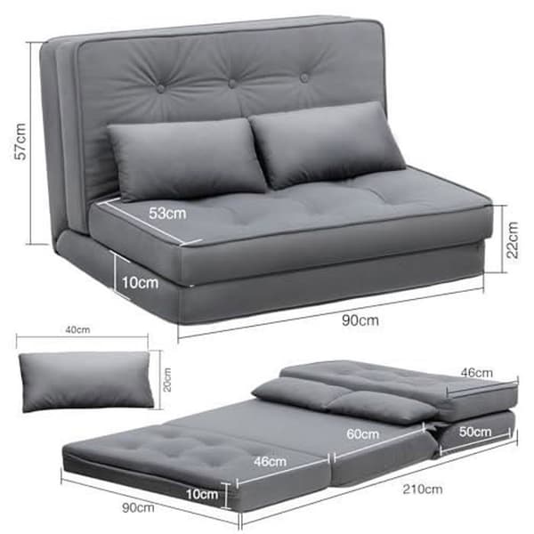 Soffa Convertible 2 Platser, Fåtölj med Bekväma Kuddar, Fällbar Sängsoffa, Grå