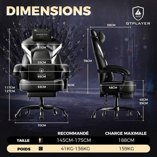 Gamingstol - GTPLAYER - Ergonomisk - Fällbart fotstöd - Stödjer 200 kg - Justerbara armstöd