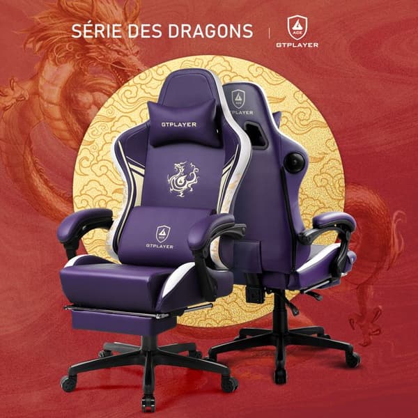 Gamingstol - GTPLAYER - Dragon Series - Broderad lila läder - Bluetooth-högtalare - Fällbart fotstöd