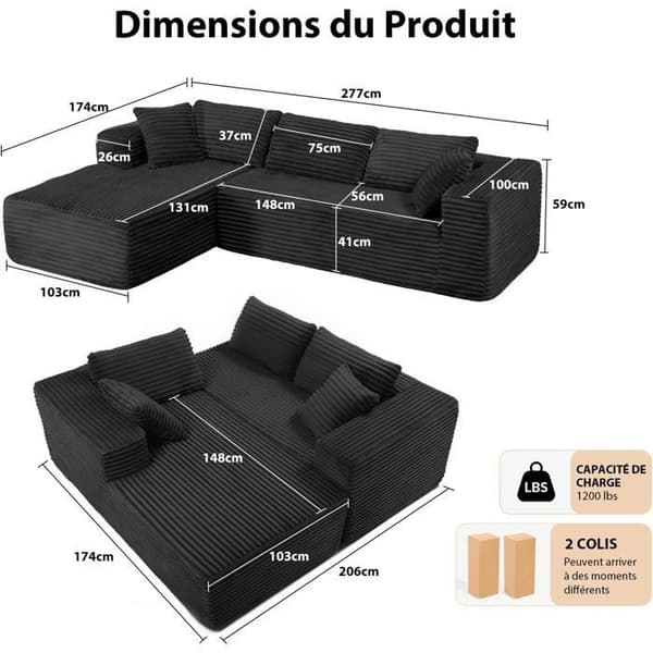 Vinkelsoffa L Reversibel 4 platser, Modulerbar sängsoffa, Ingen montering, i ribbad sammet, Svart