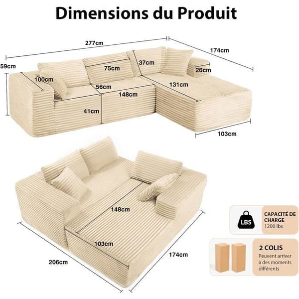Vinkelsoffa L Reversibel 4 platser, modulär bäddsoffa, utan montering, i ribbad sammet, Beige