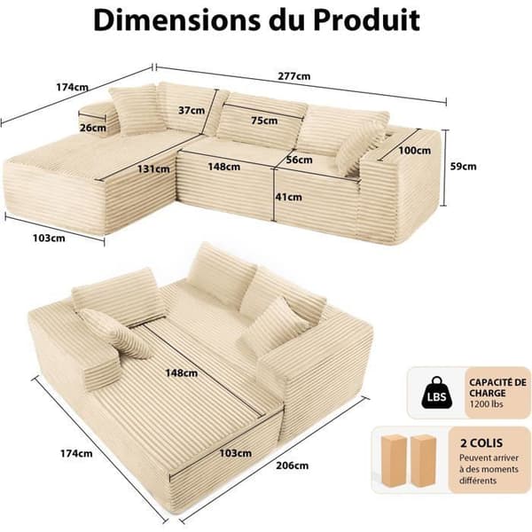 Vinkelsoffa L Reversibel 4 platser, modulär bäddsoffa, utan montering, i ribbad sammet, Beige