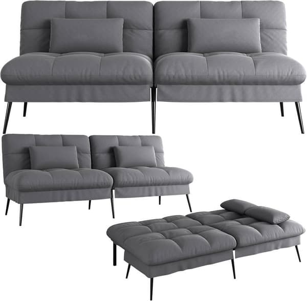 Konvertibel Plyschsoffa, 3-sitssoffa, Metallben 174 * 55 * 72cm, Grå