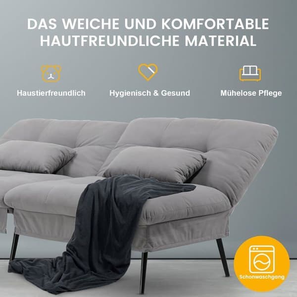 Konvertibel Plyschsoffa, 3-sitssoffa, Metallben 174 * 55 * 72cm, Grå