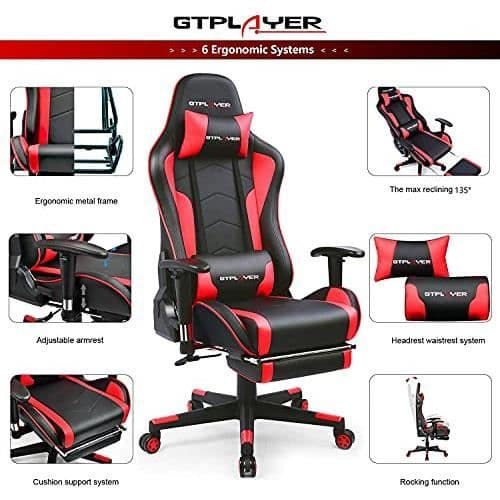 Ergonomisk gamingstol - GTPLAYER - GTPLAYER - Teleskopfotstöd - Bluetooth-högtalare - Lutbar