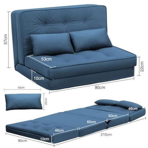 Soffa Convertible 2 Platser, Fåtölj med Bekväma Kuddar, Fällbar Sängsoffa, Blå