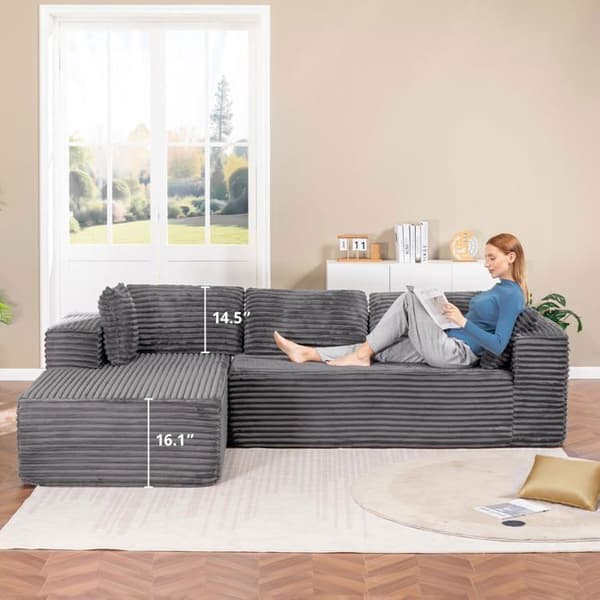 Vinkelsoffa L Reversibel 4 platser, modulär bäddsoffa, utan montering, i ribbad sammet, Grå