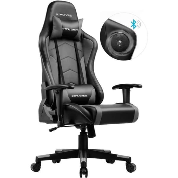 Gamingstol - GTPLAYER - Musik - Bluetooth-högtalare - Ergonomisk design - Justerbart grått PU-läder