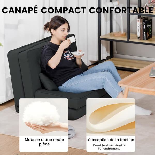 Soffa Convertible 2 Platser, Fåtölj med Bekväma Kuddar, Fällbar Sängsoffa, Svart
