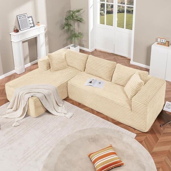 Vinkelsoffa L Reversibel 4 platser, modulär bäddsoffa, utan montering, i ribbad sammet, Beige