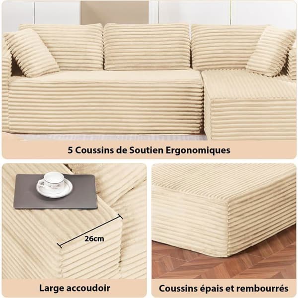 Vinkelsoffa L Reversibel 4 platser, modulär bäddsoffa, utan montering, i ribbad sammet, Beige
