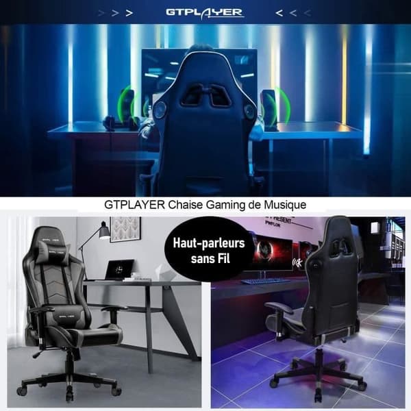 Gamingstol - GTPLAYER - Musik - Bluetooth-högtalare - Ergonomisk design - Justerbart grått PU-läder