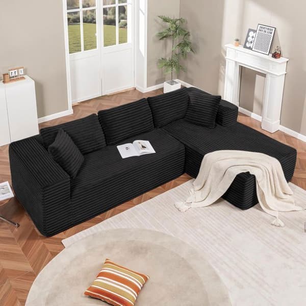 Vinkelsoffa L Reversibel 4 platser, Modulerbar sängsoffa, Ingen montering, i ribbad sammet, Svart